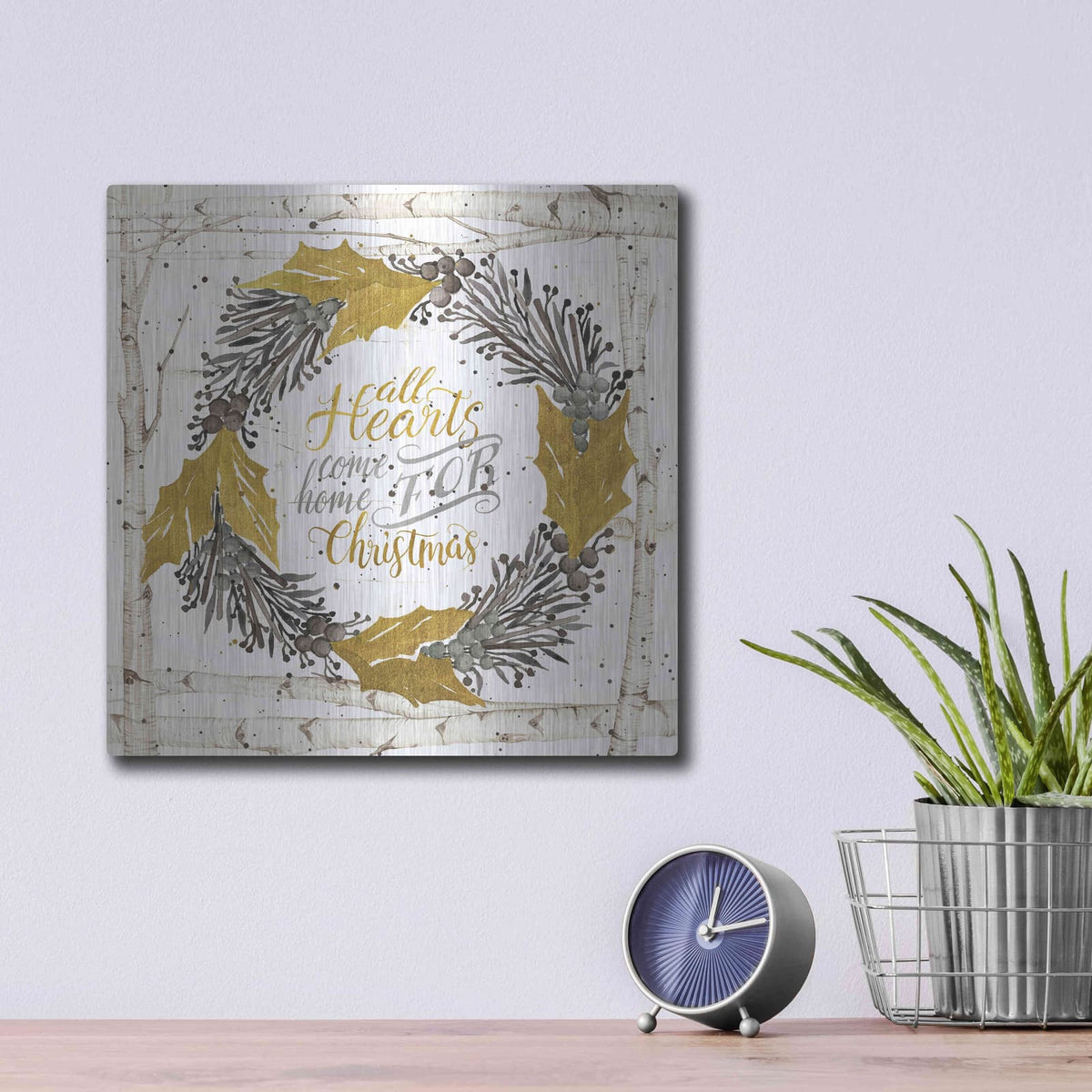 'All Hearts Come Home for Christmas Birch Wreath' by Cindy Jacobs – Metal Wall Art, 12x12 room view