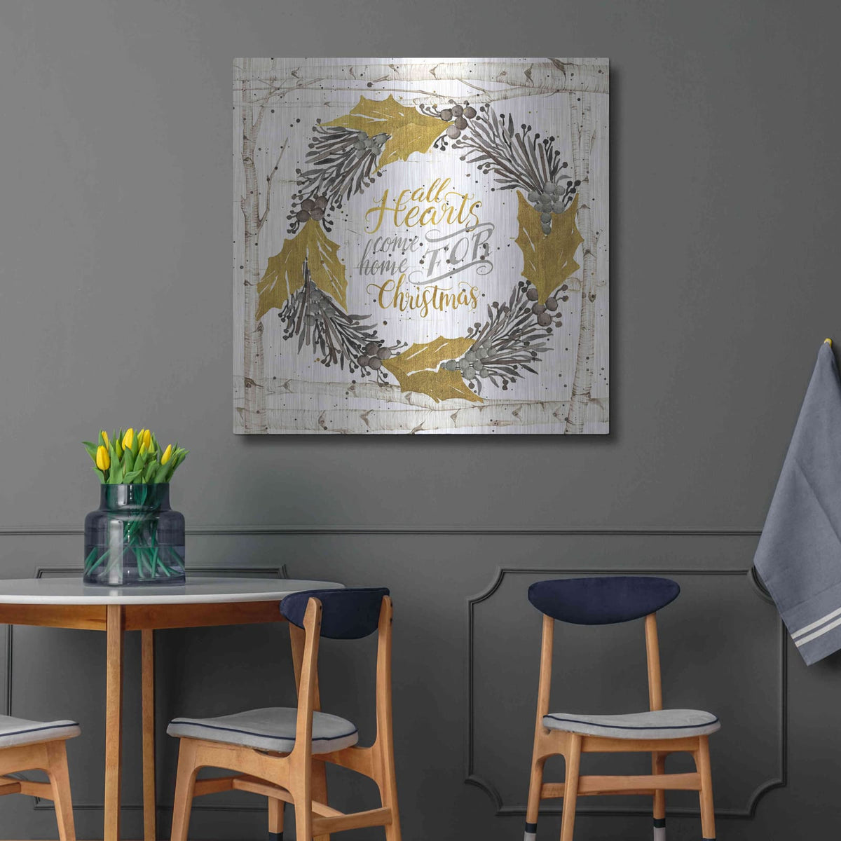'All Hearts Come Home for Christmas Birch Wreath' by Cindy Jacobs – Metal Wall Art, 36x36 room view