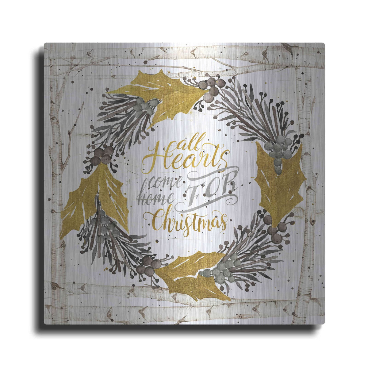 'All Hearts Come Home for Christmas Birch Wreath' by Cindy Jacobs – Metal Wall Art