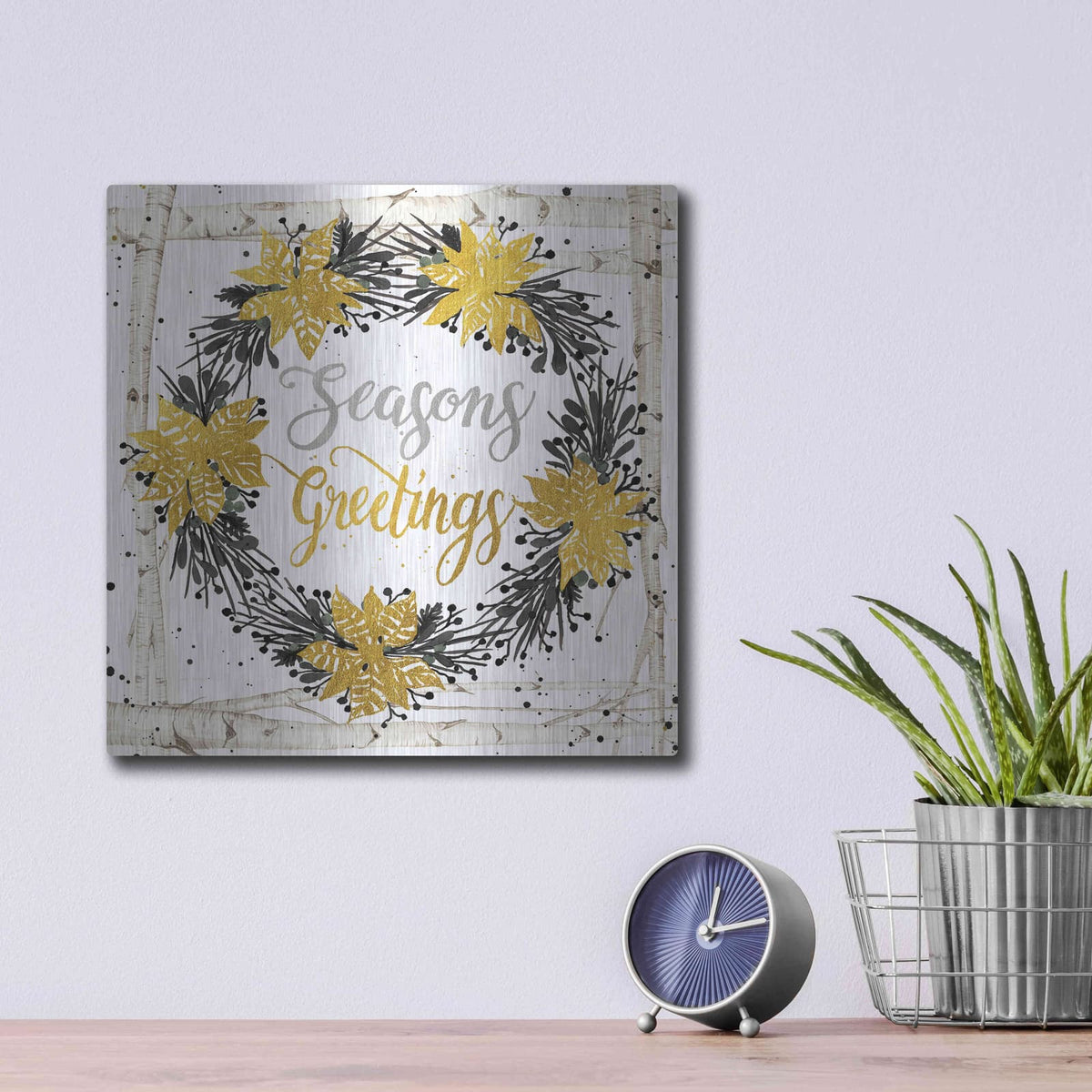 'Seasons Greetings Birch Wreath' by Cindy Jacobs – Metal Wall Art, 12x12 room view