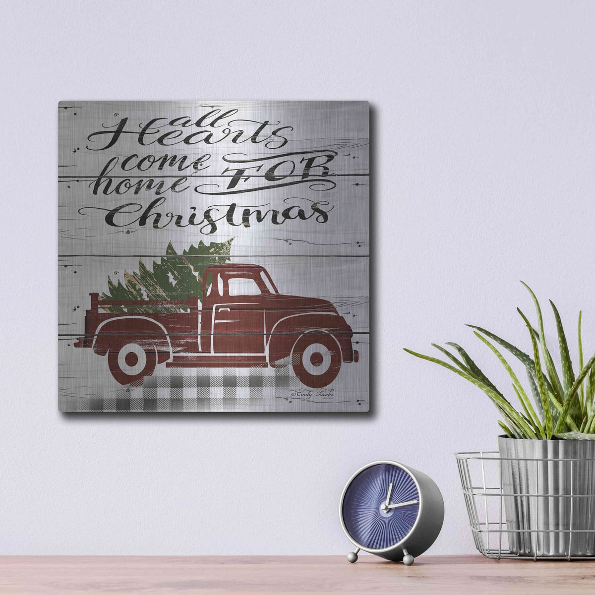 'All Hearts Red Truck' by Cindy Jacobs – Metal Wall Art, 12x12 room view