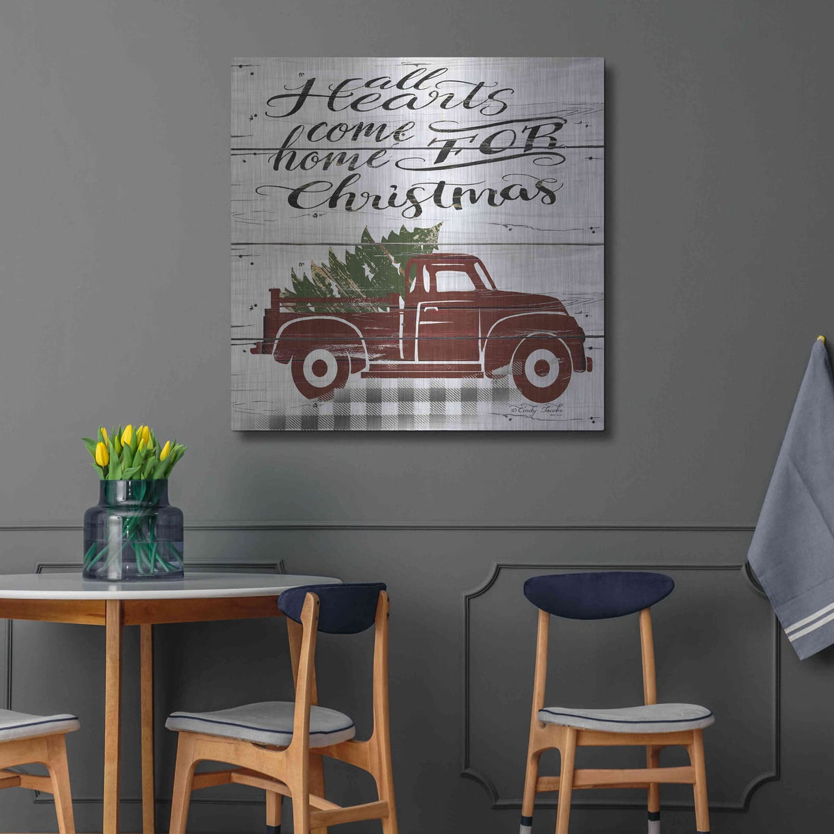 'All Hearts Red Truck' by Cindy Jacobs – Metal Wall Art, 36x36 room view