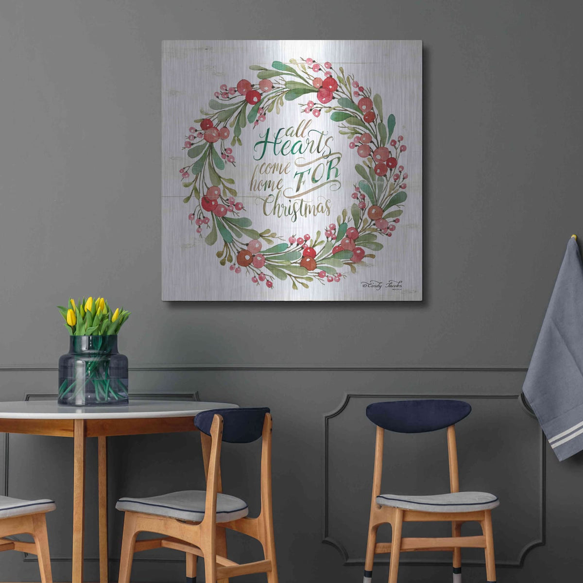 'All Hearts Come Home for Christmas Berry Wreath' by Cindy Jacobs – Metal Wall Art, 36x36 room view