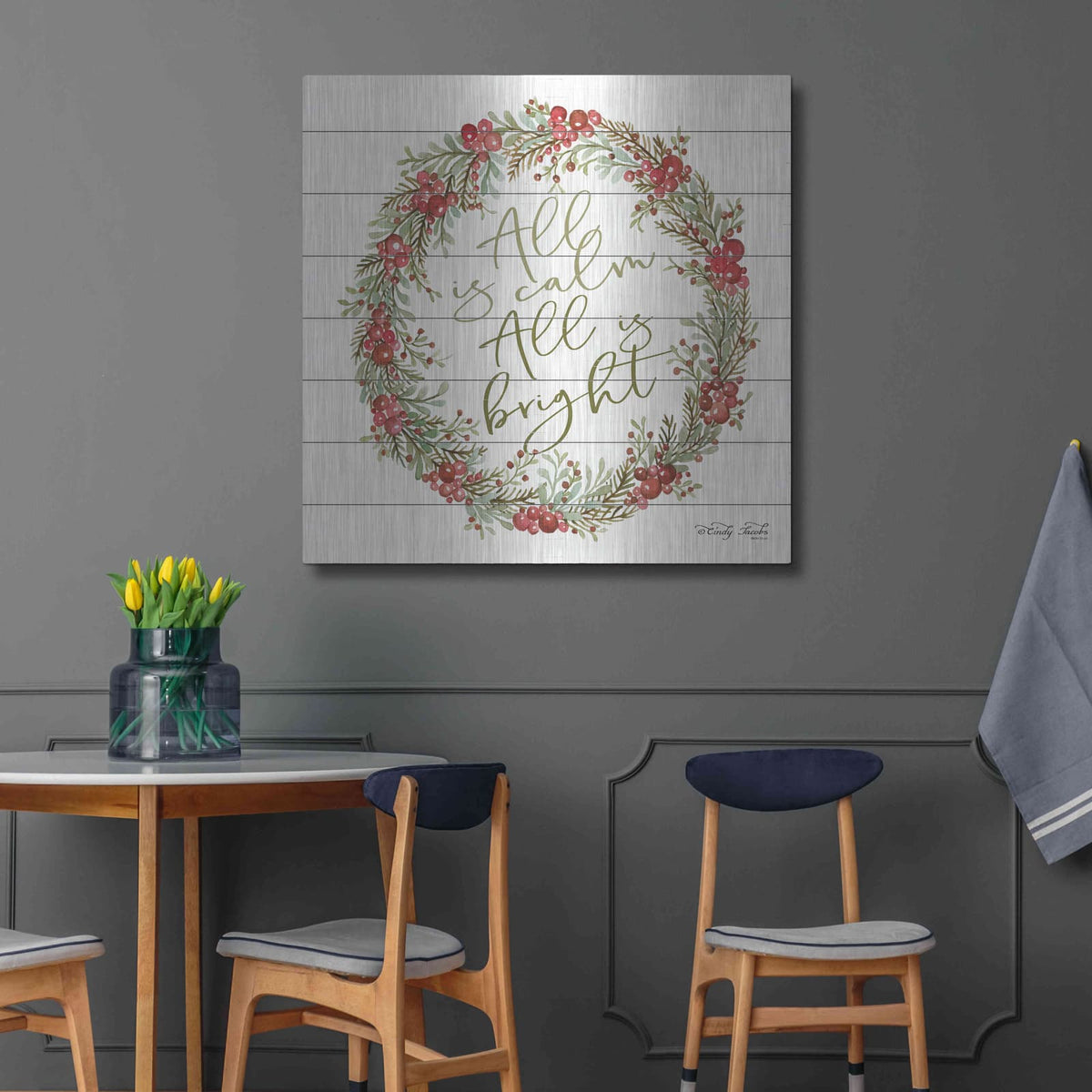 'All is Calm Berry Wreath' by Cindy Jacobs – Metal Wall Art, 36x36 room view
