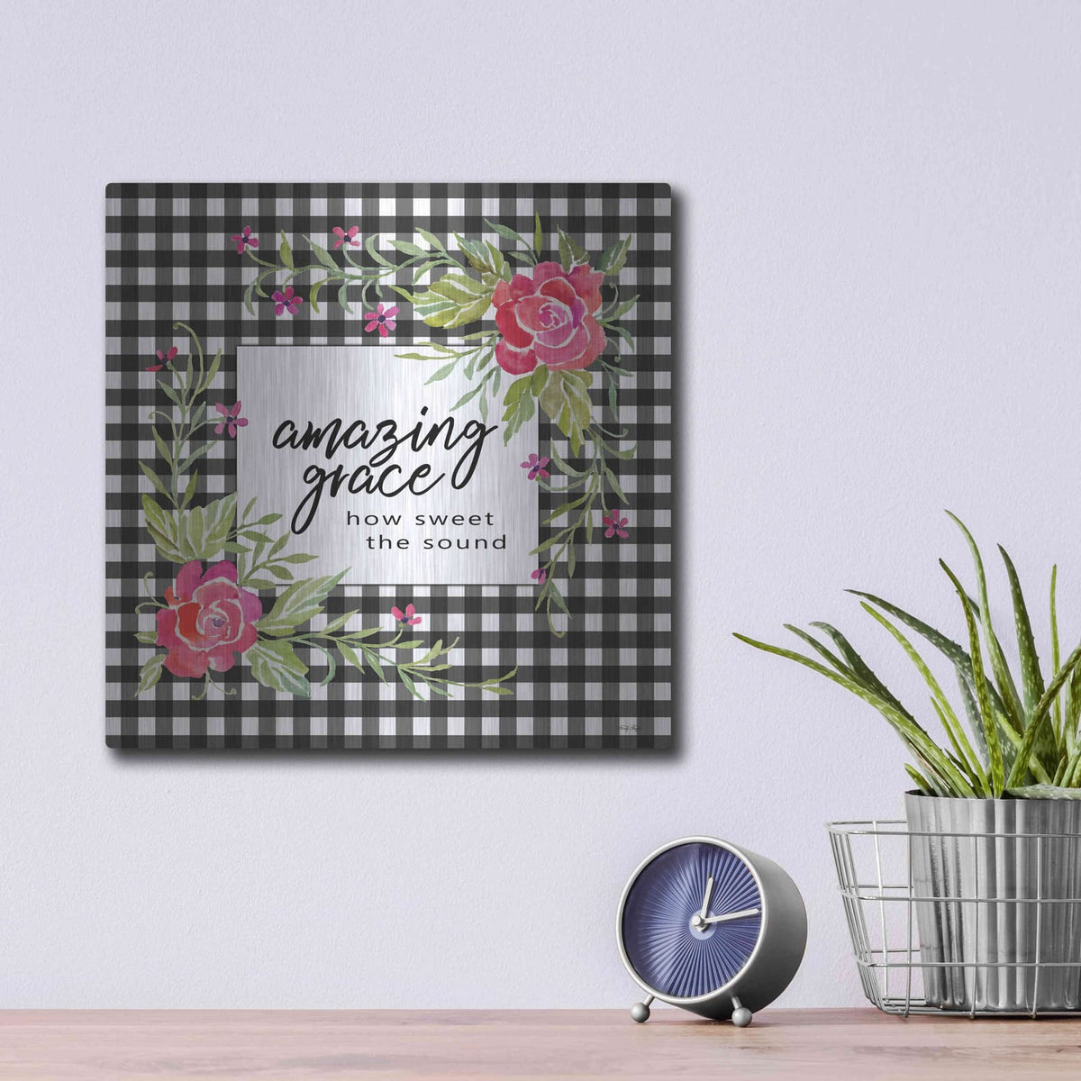 'Amazing Grace on Plaid' by Cindy Jacobs – Metal Wall Art, 12x12 room view