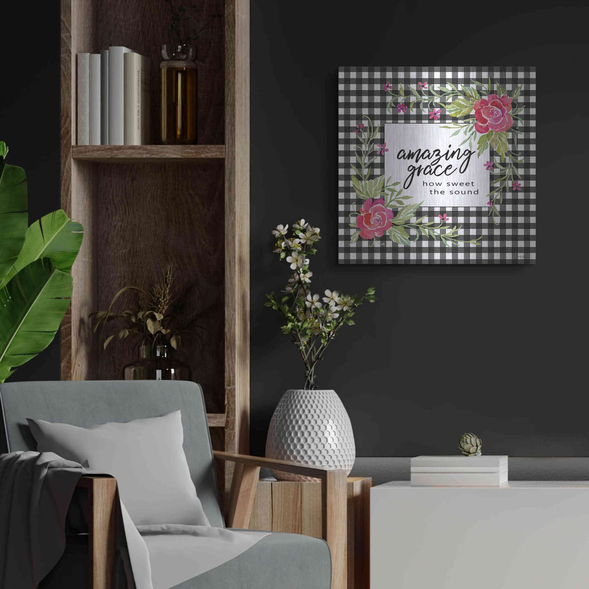 'Amazing Grace on Plaid' by Cindy Jacobs – Metal Wall Art, 24x24 room view