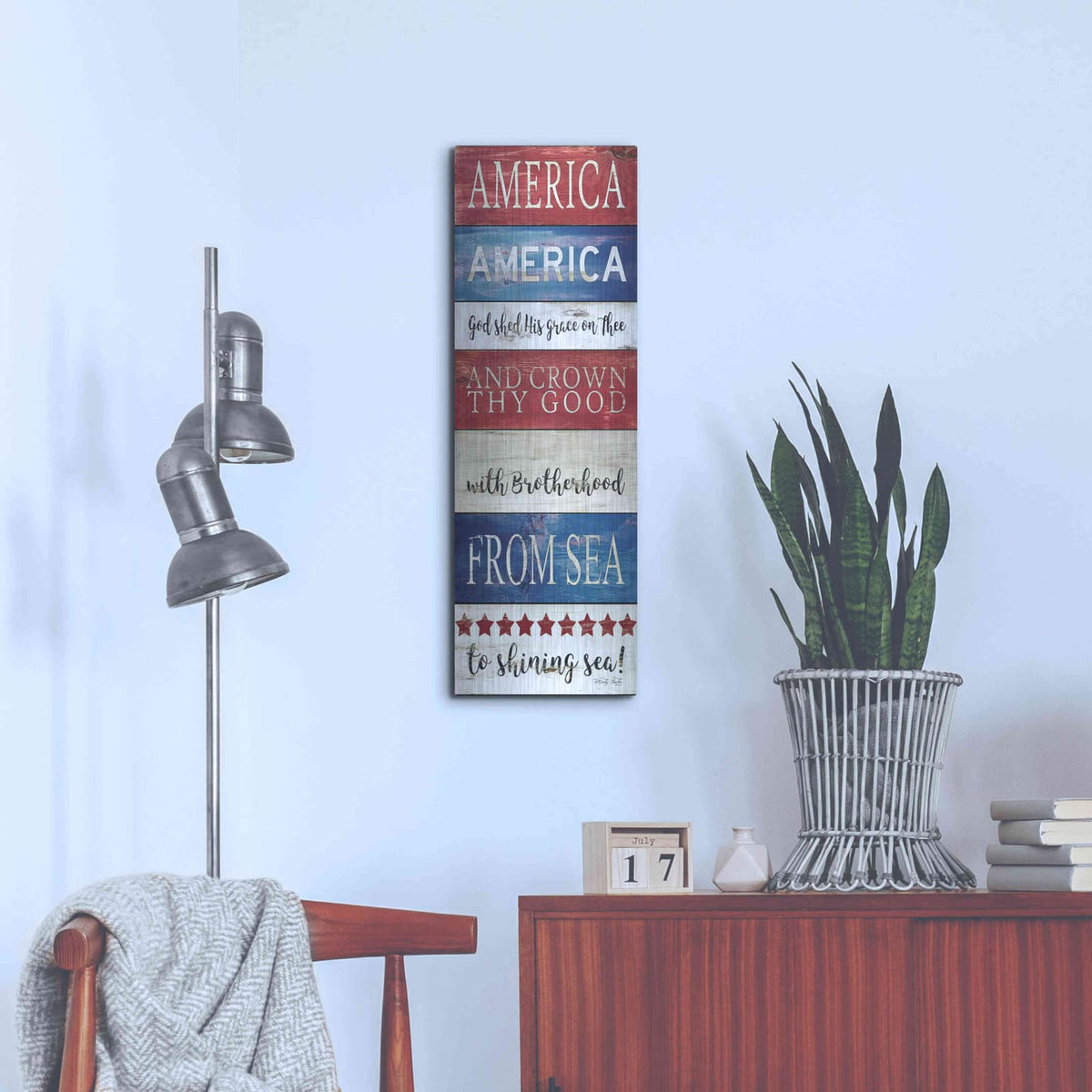 'America God Shed His Grace on Thee' by Cindy Jacobs – Metal Wall Art, 12x36 room view
