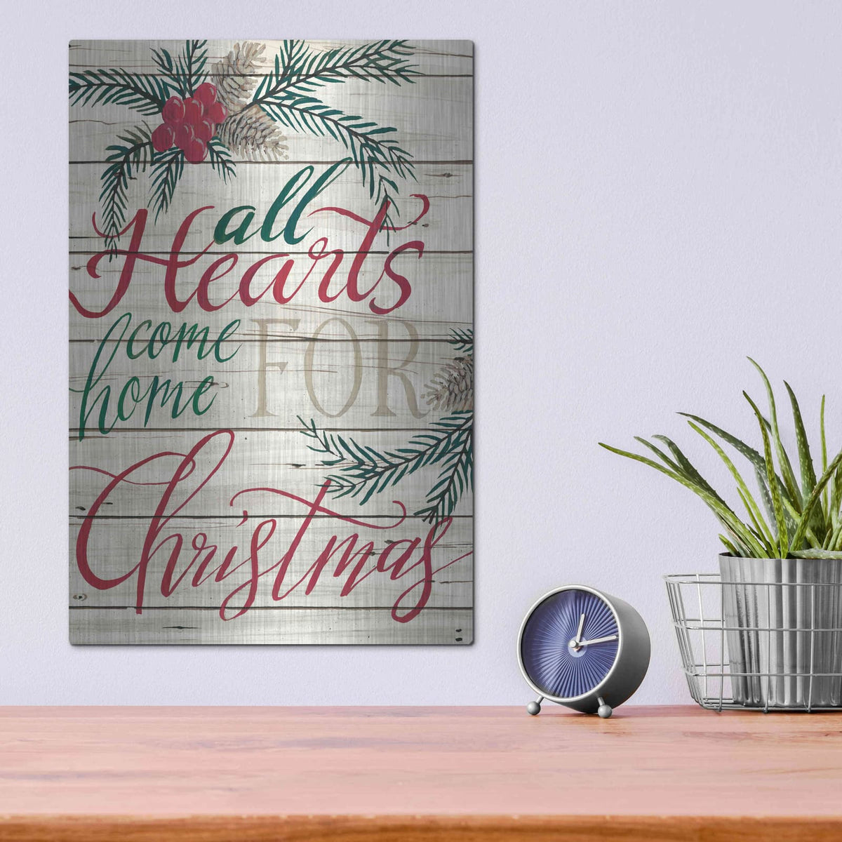 'All Hearts Come Home for Christmas Shiplap' by Cindy Jacobs – Metal Wall Art, 12x16 room view