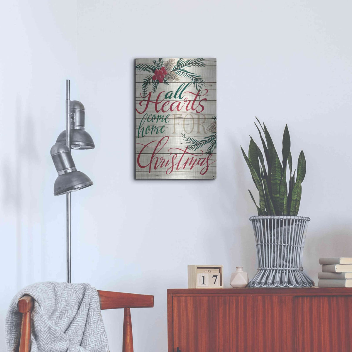 'All Hearts Come Home for Christmas Shiplap' by Cindy Jacobs – Metal Wall Art, 16x24 room view