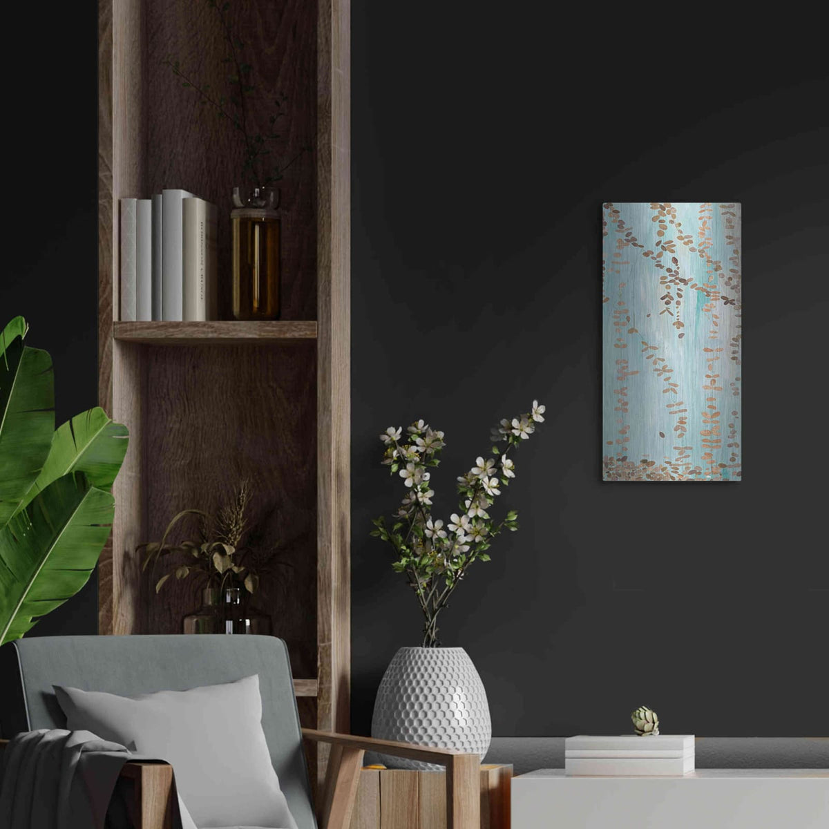 'Trailing Vines III Blue' by Candra Boggs – Metal Wall Art, 12x24 room view