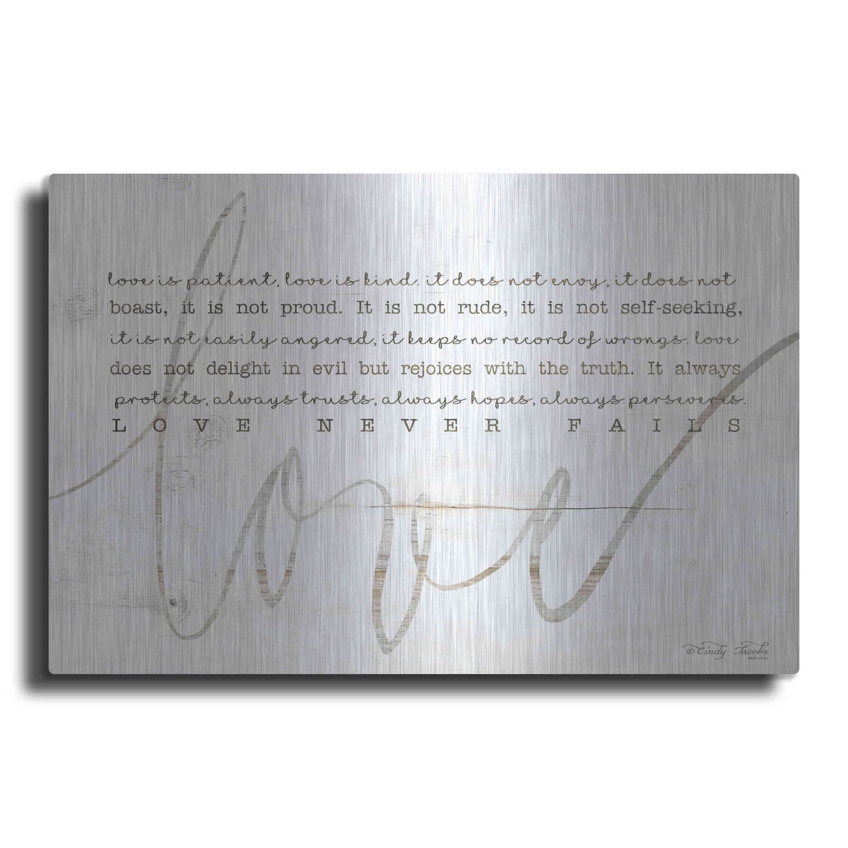 'Love Never Fails 4' by Cindy Jacobs – Metal Wall Art