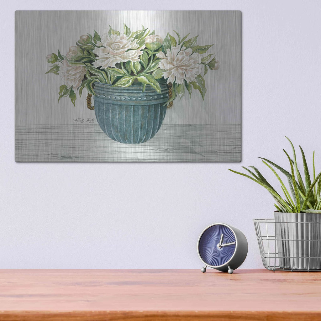 'Galvanized Pot Peonies' by Cindy Jacobs – Metal Wall Art, 16x12 room view
