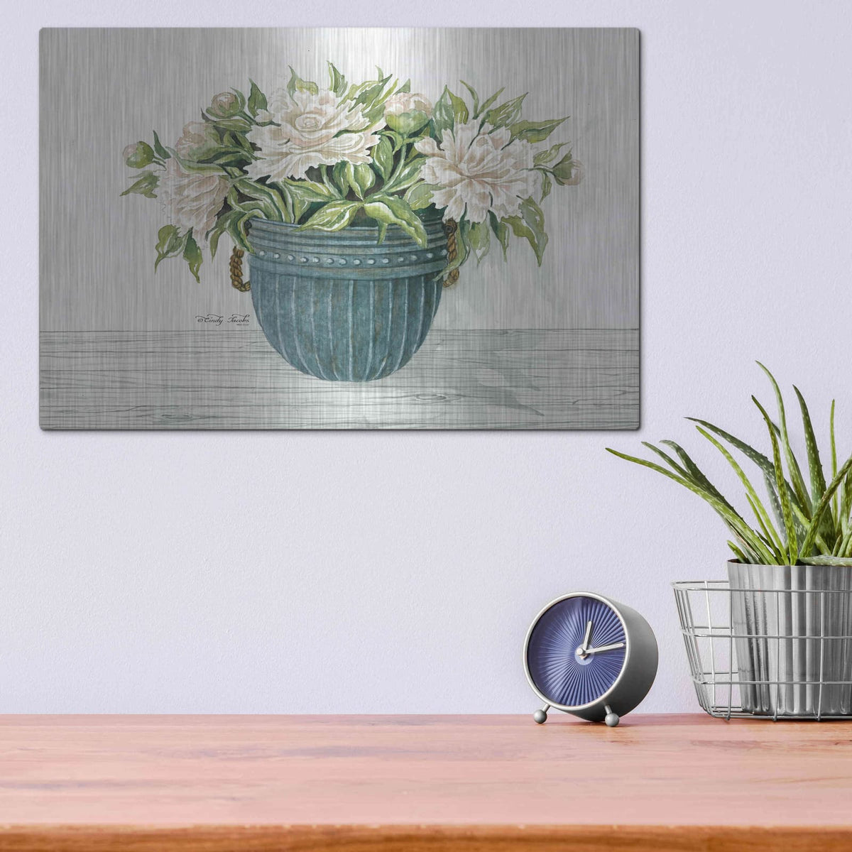 'Galvanized Pot Peonies' by Cindy Jacobs – Metal Wall Art, 16x12 room view