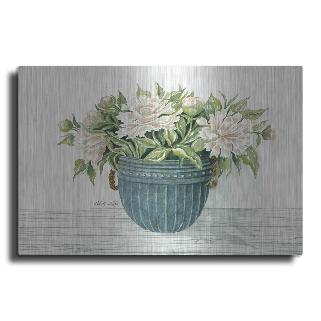 'Galvanized Pot Peonies' by Cindy Jacobs – Metal Wall Art