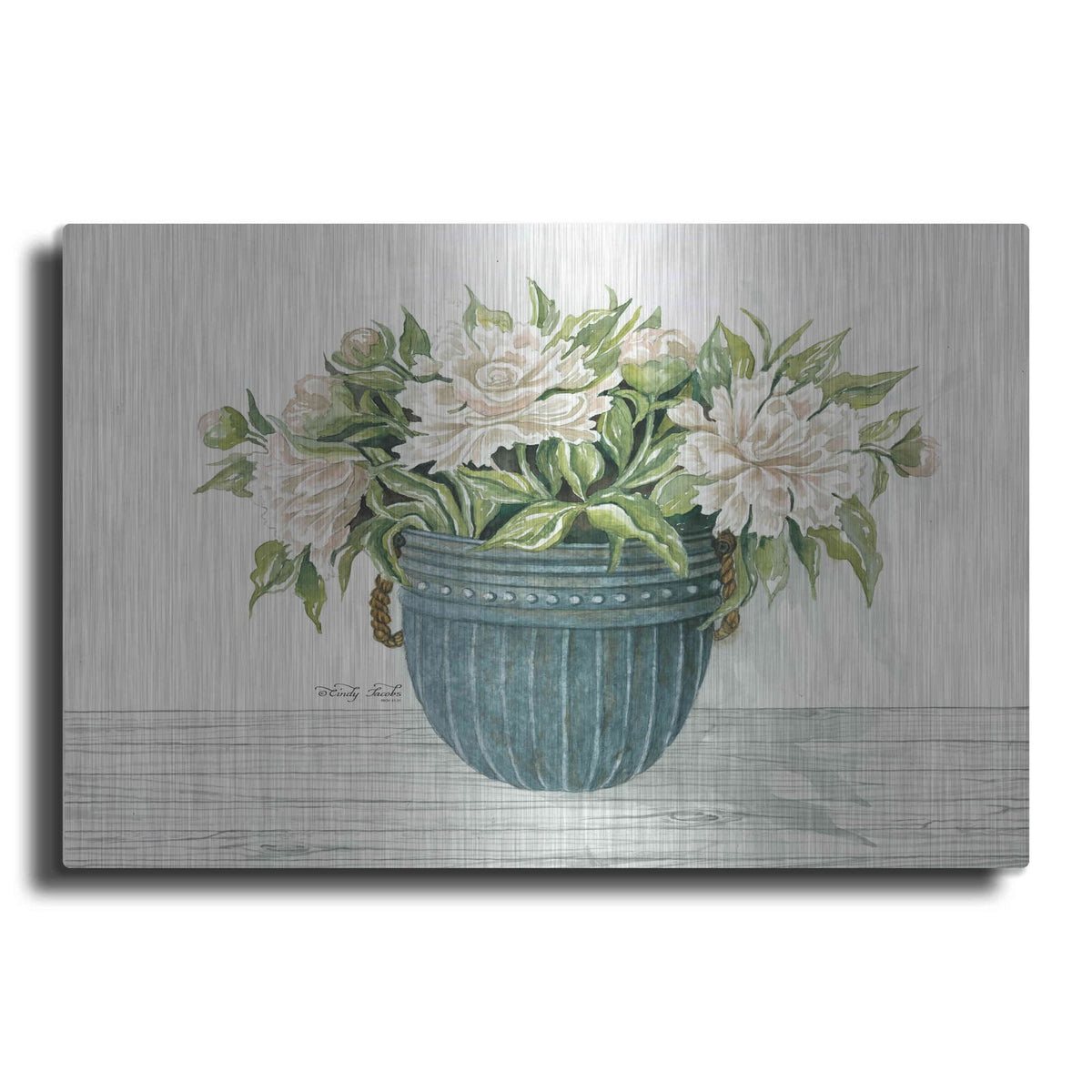 'Galvanized Pot Peonies' by Cindy Jacobs – Metal Wall Art