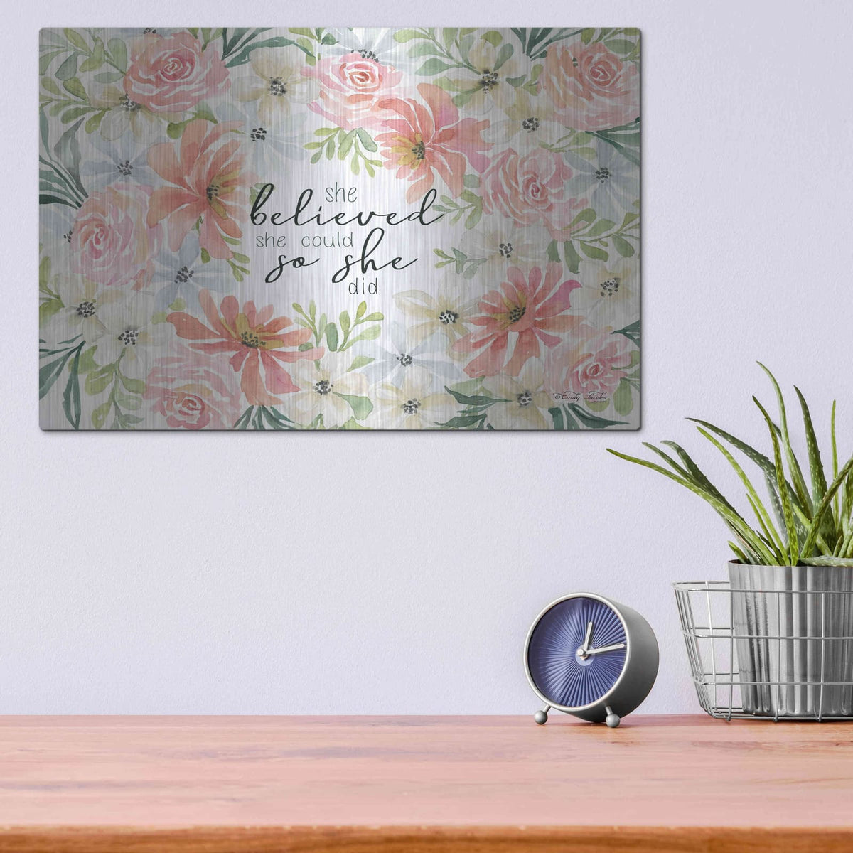 'Floral She Believed' by Cindy Jacobs – Metal Wall Art, 16x12 room view