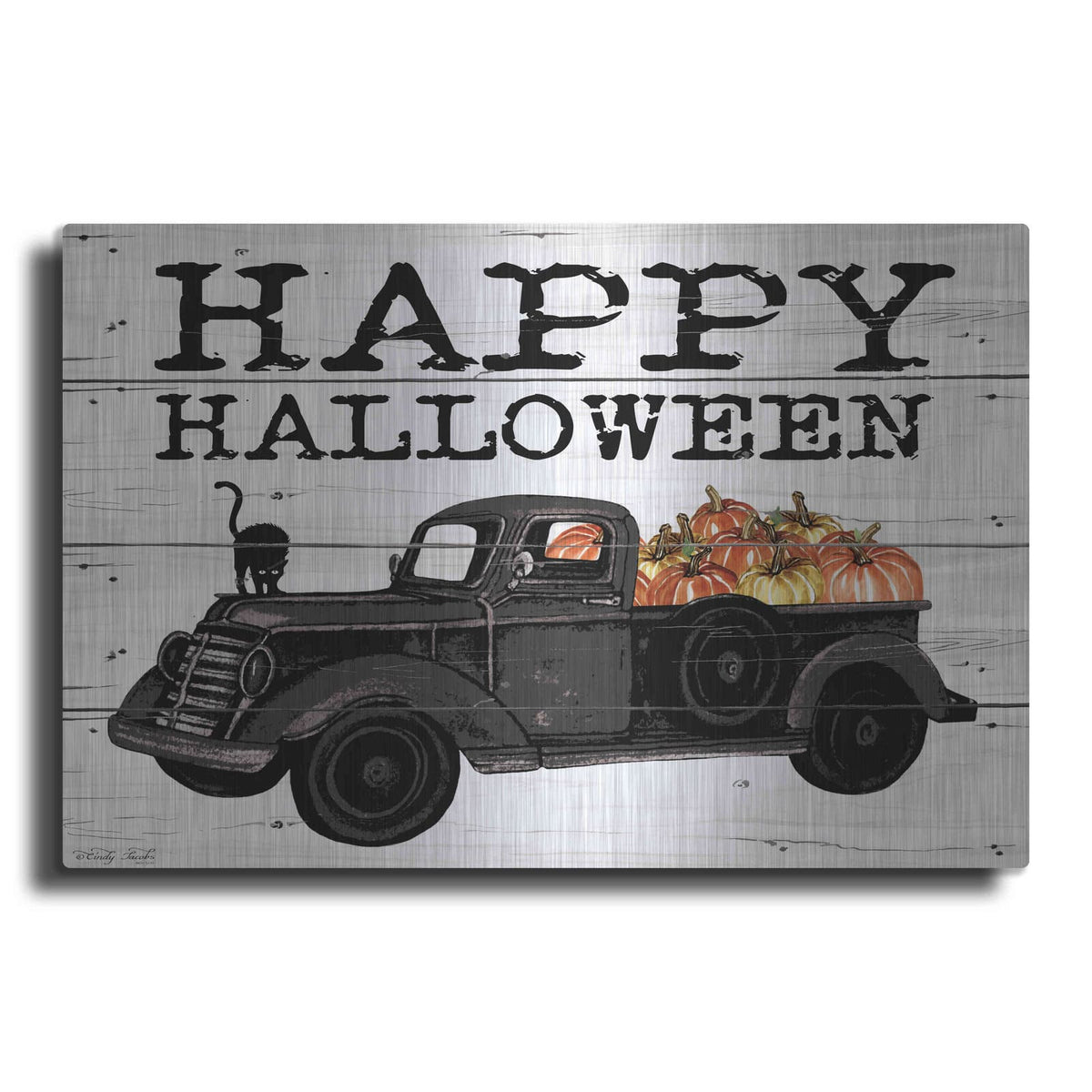 'Happy Halloween Black Truck' by Cindy Jacobs – Metal Wall Art