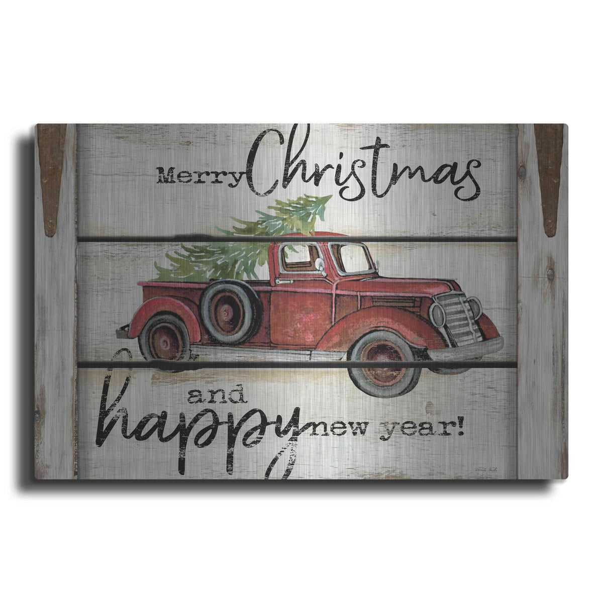 'Merry Christmas & Happy New Year Red Truck' by Cindy Jacobs – Metal Wall Art