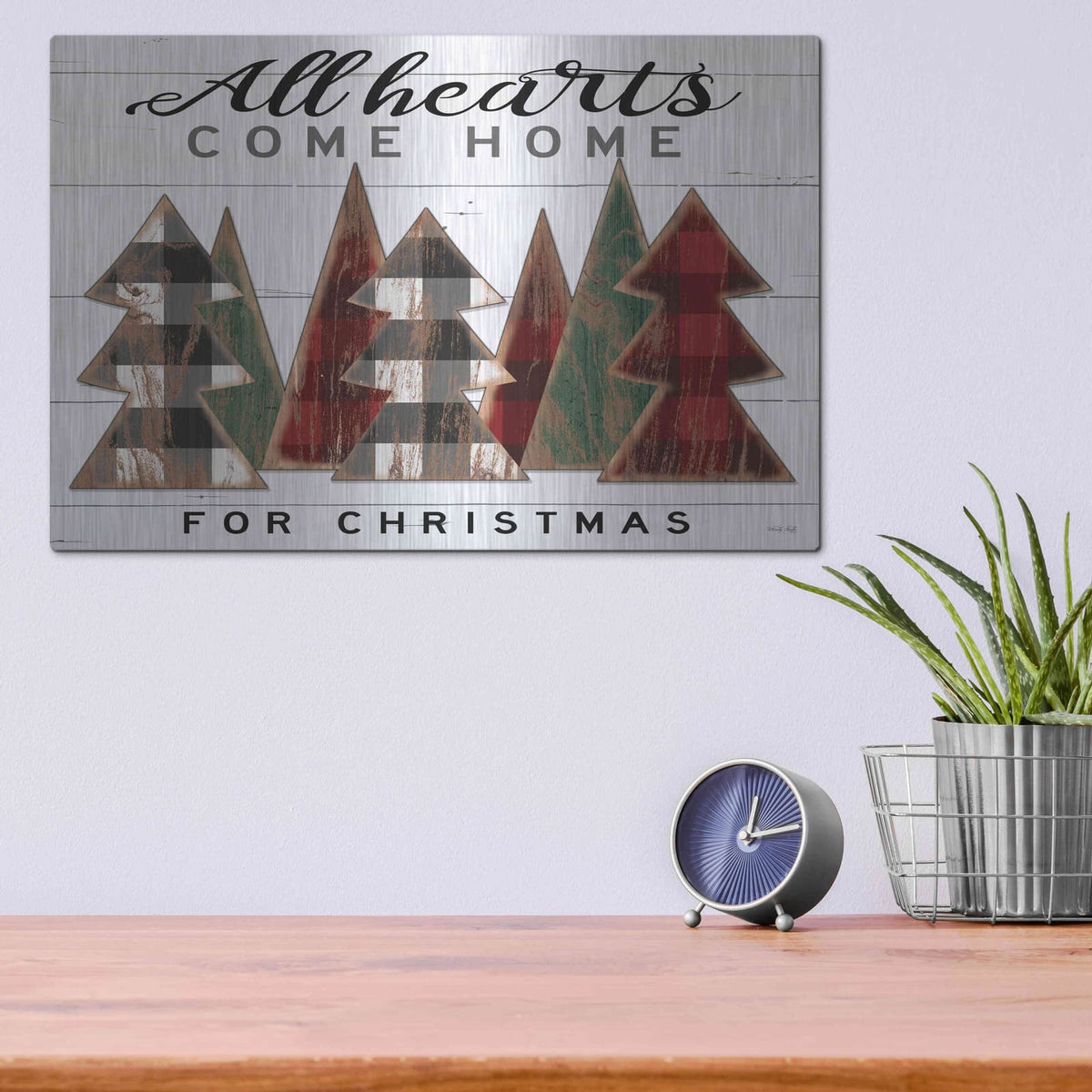 'All Hearts Come Home Plaid Trees' by Cindy Jacobs – Metal Wall Art, 16x12 room view
