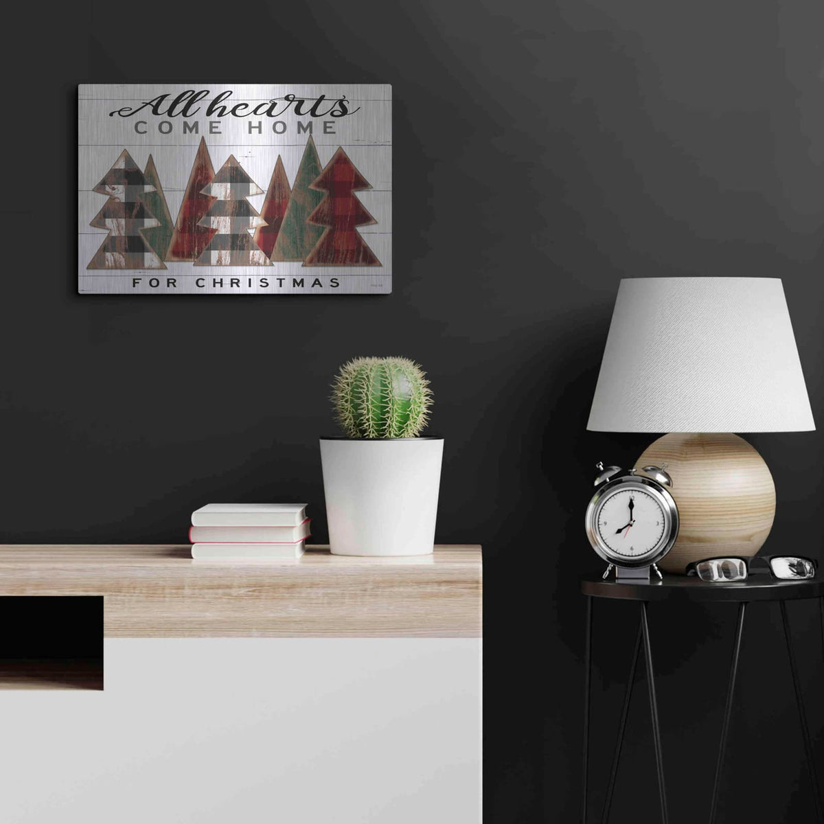 'All Hearts Come Home Plaid Trees' by Cindy Jacobs – Metal Wall Art, 24x16 room view