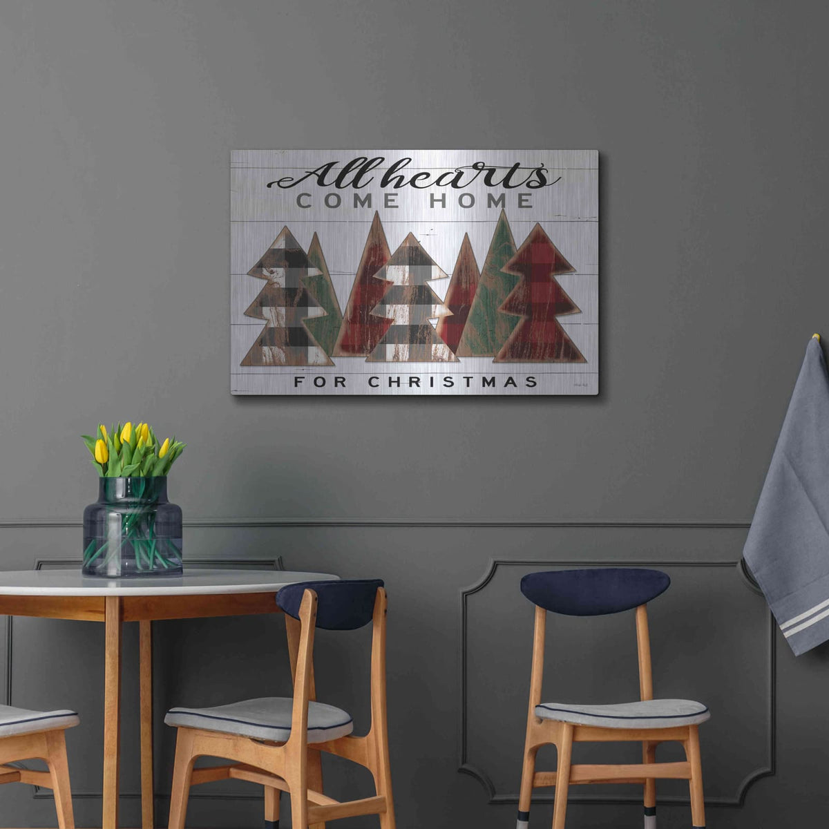 'All Hearts Come Home Plaid Trees' by Cindy Jacobs – Metal Wall Art, 36x24 room view