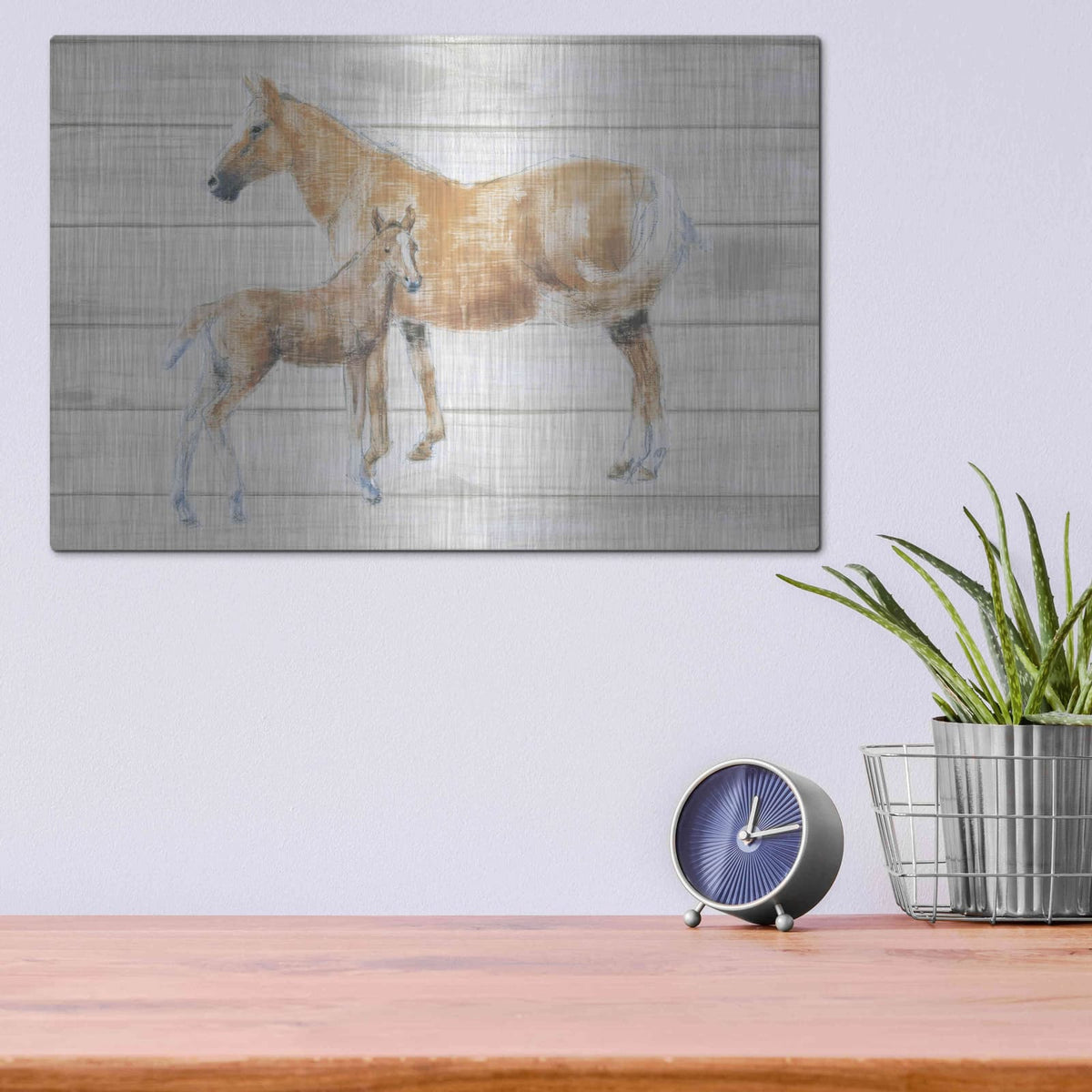 'Horse and Colt on Wood' by Emily Adams – Metal Wall Art, 16x12 room view
