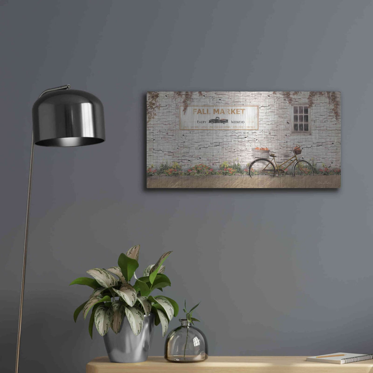 'Fall Market with Bike' by Lori Deiter – Metal Wall Art, 24x12 room view