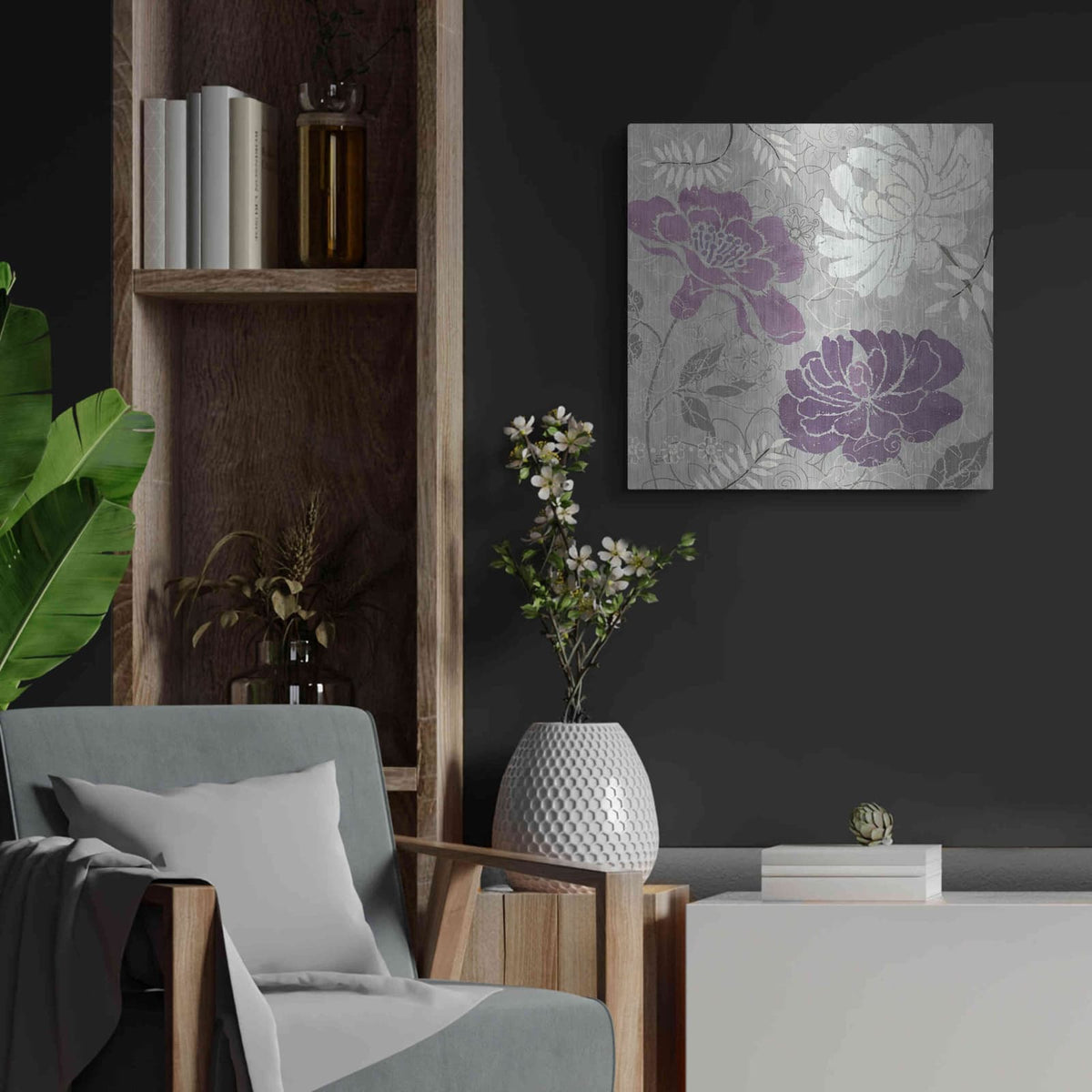 'Morning Tones Purple I' by Daphne Brissonnet – Metal Wall Art, 24x24 room view