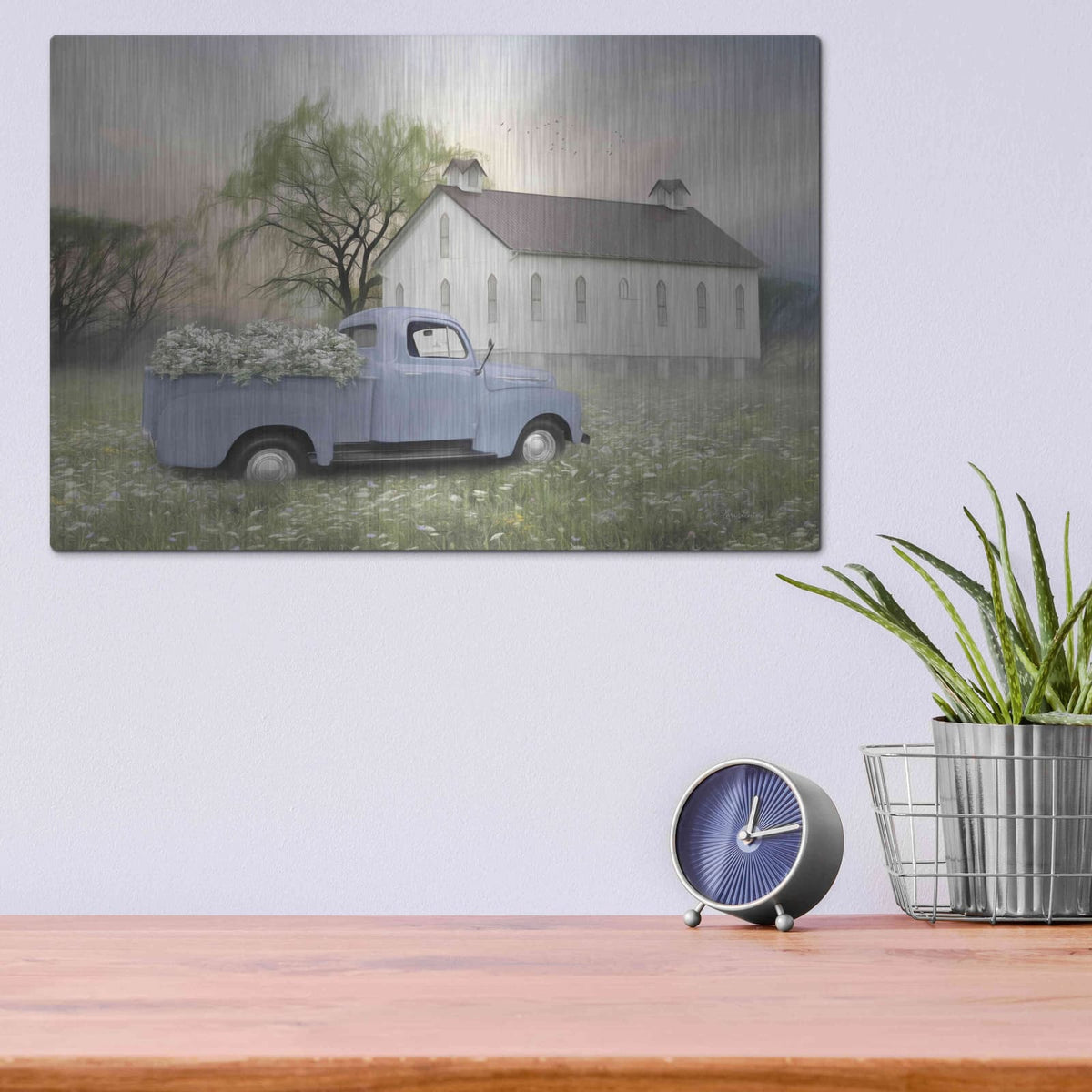'Blue Ford at Barn' by Lori Deiter – Metal Wall Art, 16x12 room view