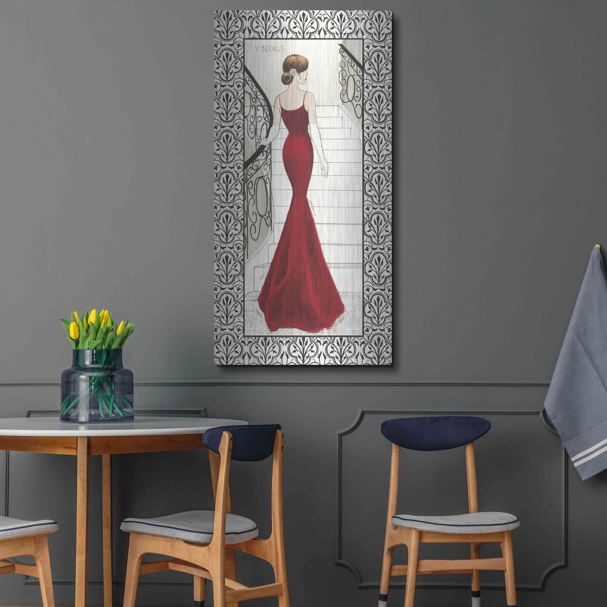 'La Belle Rouge with Floral Cartouche Border' by Emily Adams – Metal Wall Art, 24x48 room view