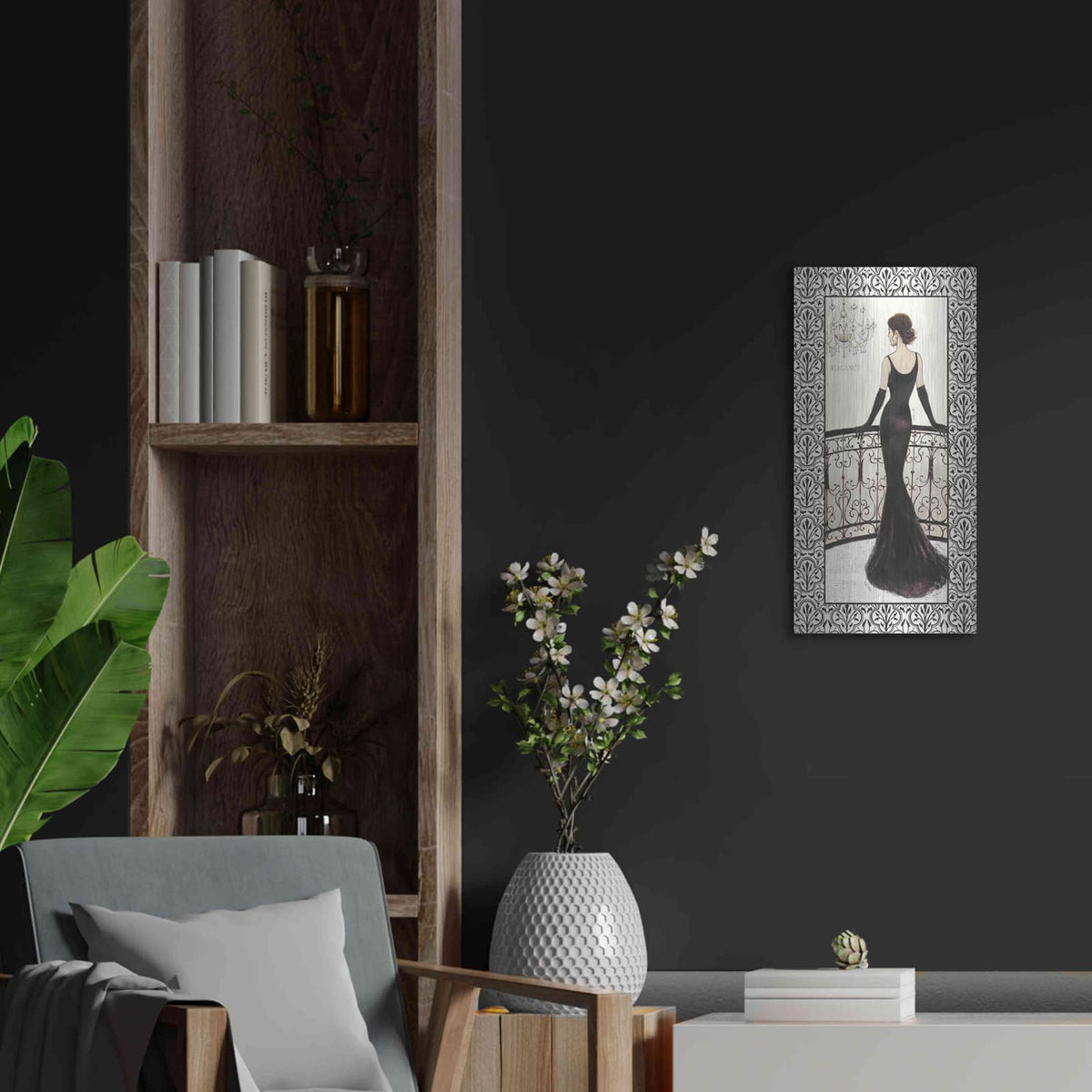'La Belle Noir with Floral Cartouche Border 4' by Emily Adams – Metal Wall Art, 12x24 room view