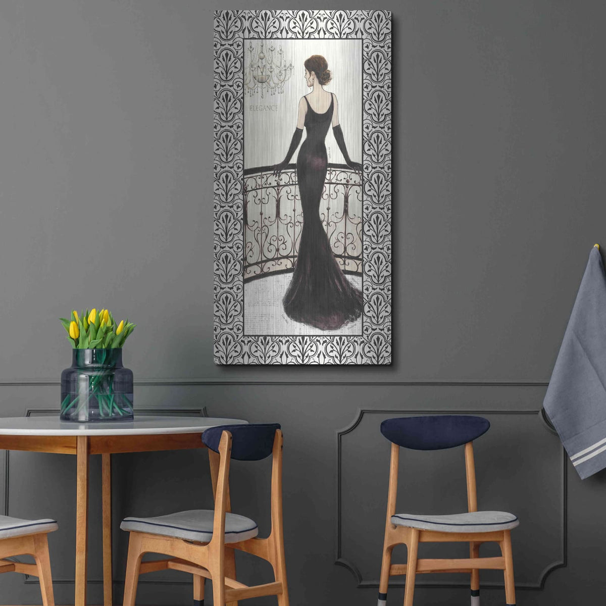 'La Belle Noir with Floral Cartouche Border 4' by Emily Adams – Metal Wall Art, 24x48 room view