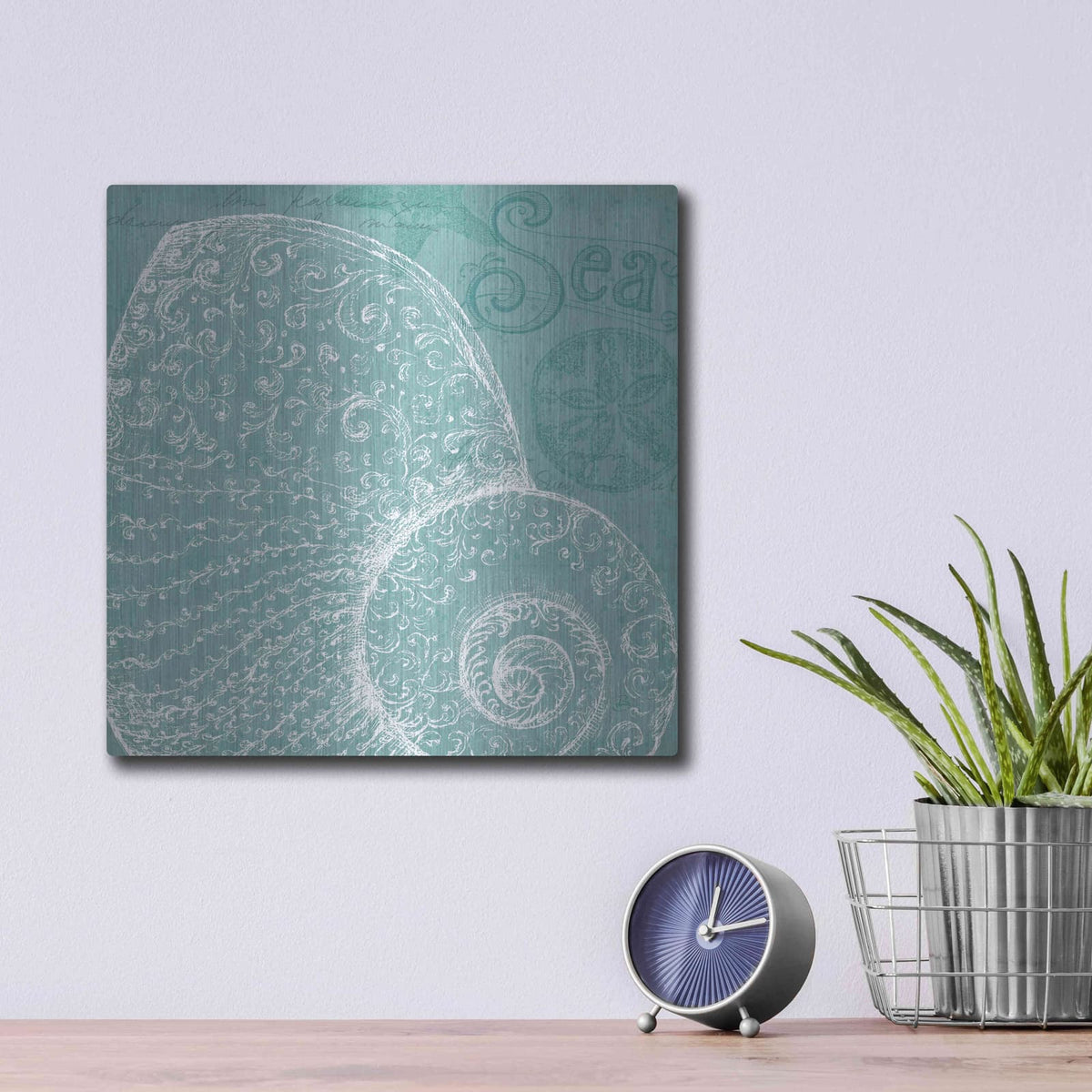 'Aqua Treasure IV' by Daphne Brissonnet – Metal Wall Art, 12x12 room view