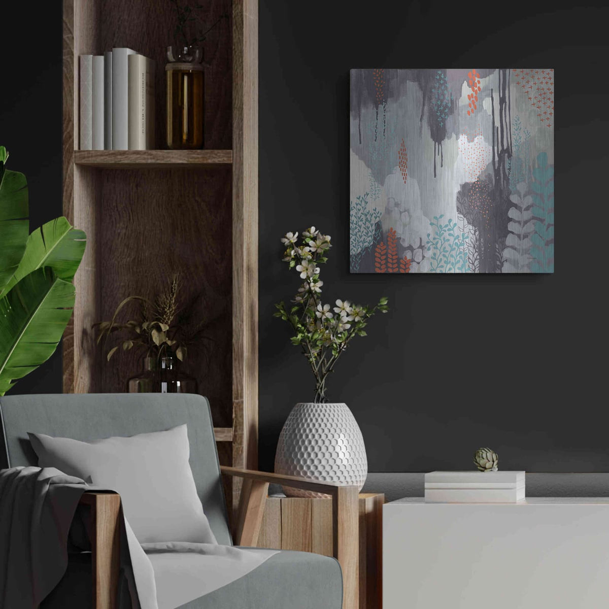 'Gray Forest I' by Kathy Ferguson – Metal Wall Art, 24x24 room view
