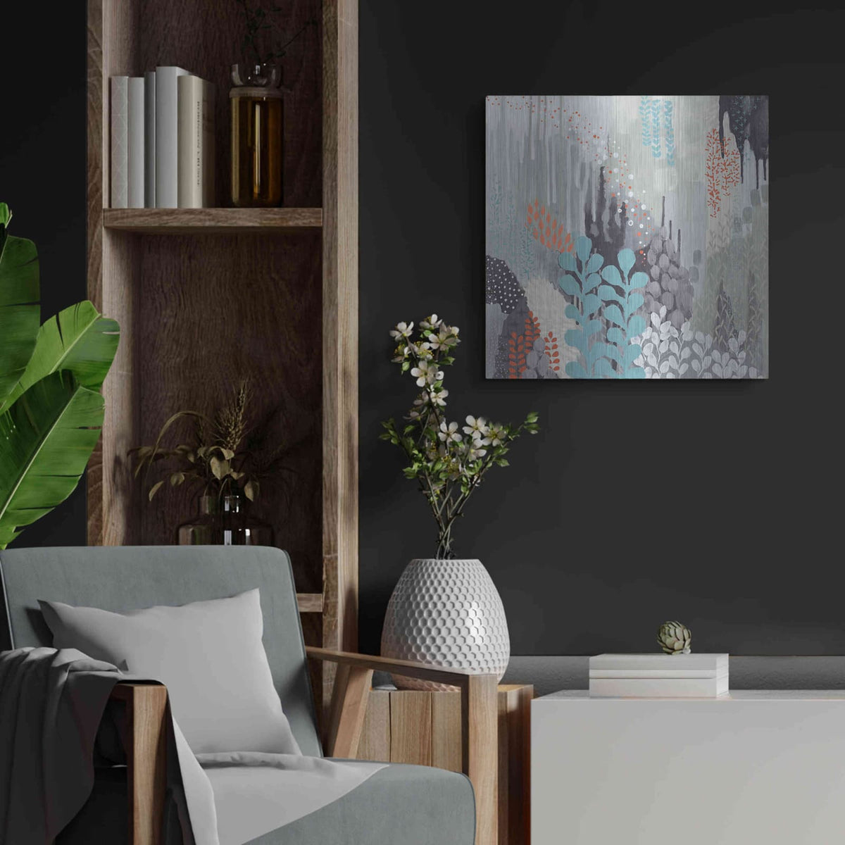 'Gray Forest II' by Kathy Ferguson – Metal Wall Art, 24x24 room view