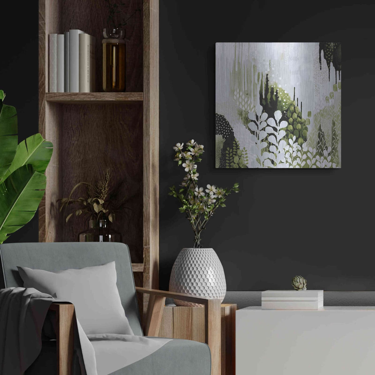 'BW Forest II with Green' by Kathy Ferguson – Metal Wall Art, 24x24 room view