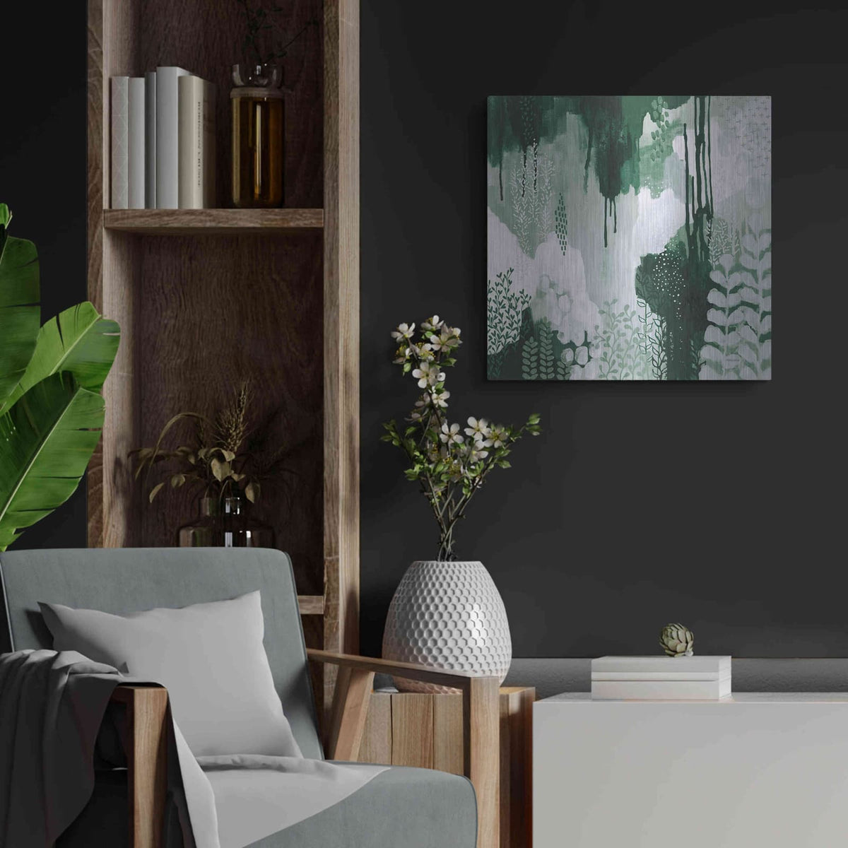 'Light Green Forest I' by Kathy Ferguson – Metal Wall Art, 24x24 room view
