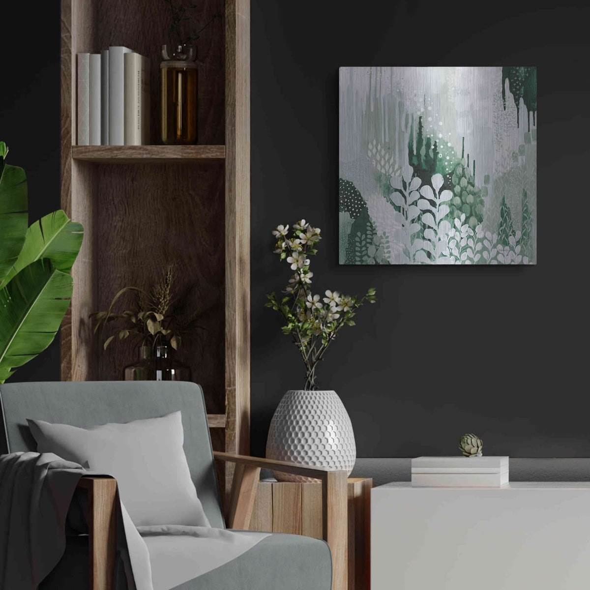 'Light Green Forest II' by Kathy Ferguson – Metal Wall Art, 24x24 room view