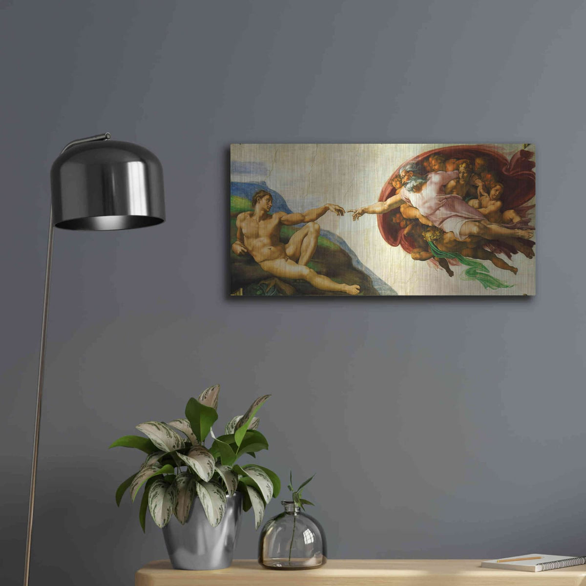 'The Creation of Adam' by Michelangelo – Metal Wall Art, 24x12 room view