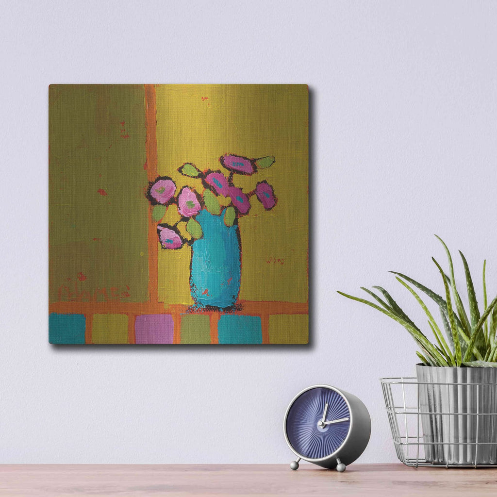 'Turquoise Vase' by Phyllis Adams – Metal Wall Art, 12x12 room view