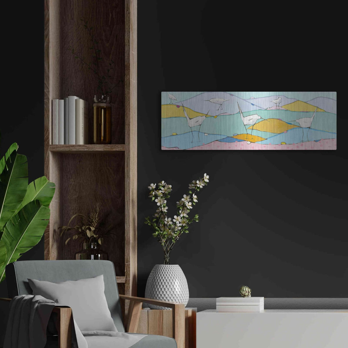 'Marsh Egrets I Pink Sand' by Phyllis Adams – Metal Wall Art, 36x12 room view