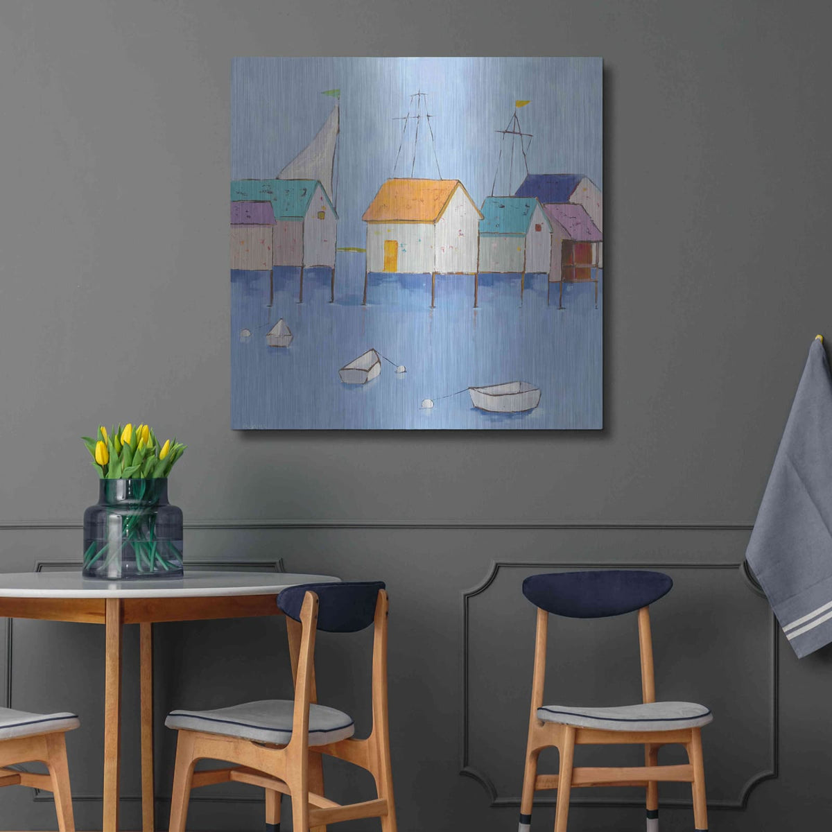 'Boat House Row Dark Blue Sky' by Phyllis Adams – Metal Wall Art, 36x36 room view