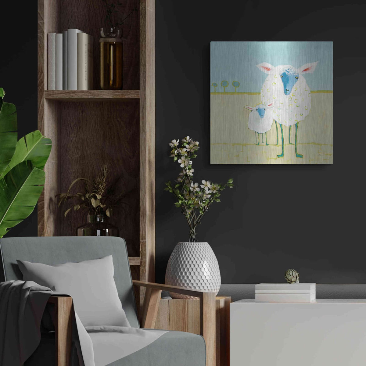 'Colorful Sheep' by Phyllis Adams – Metal Wall Art, 24x24 room view