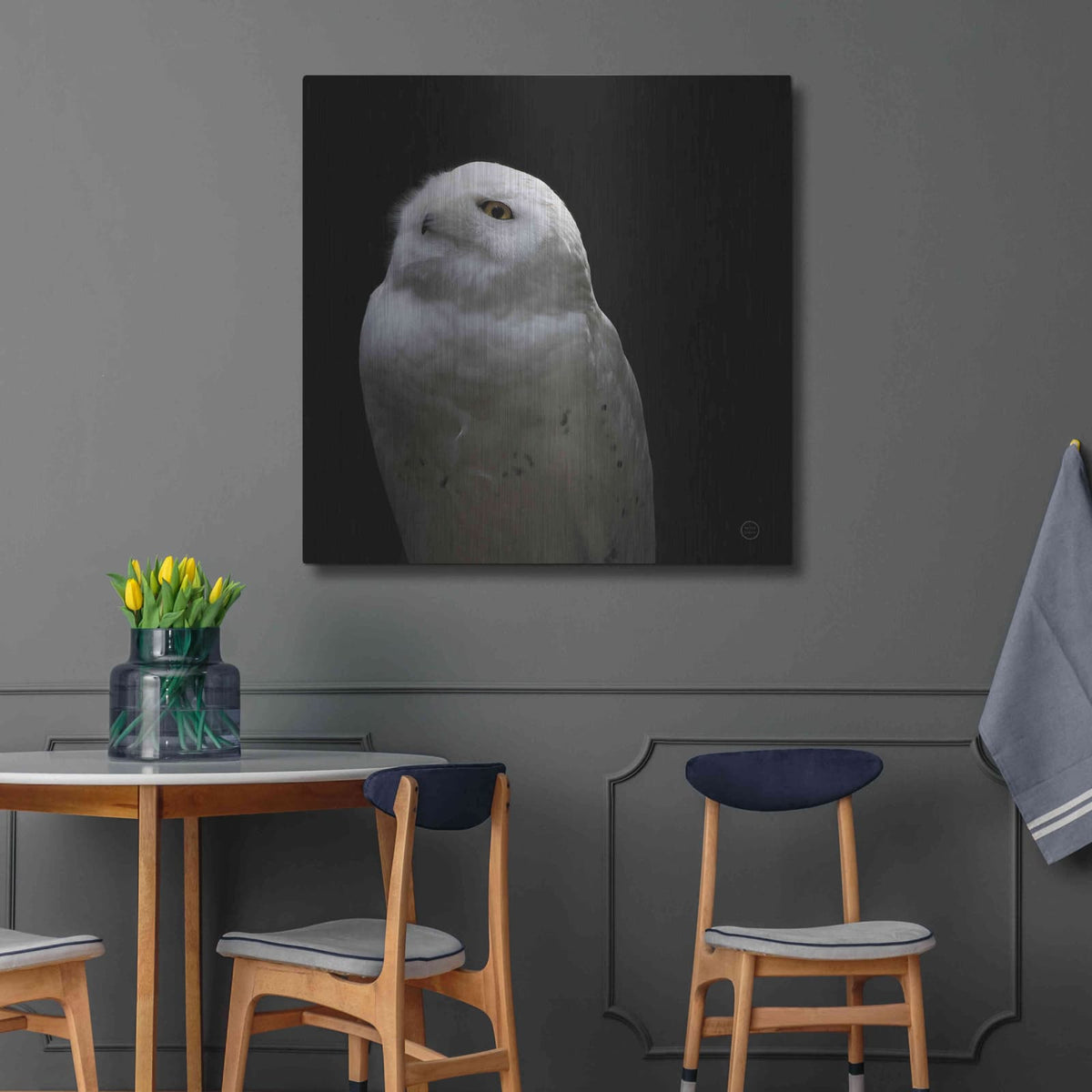 'Snowy Owl Looks to the Sun' by Nathan Larson – Metal Wall Art, 36x36 room view