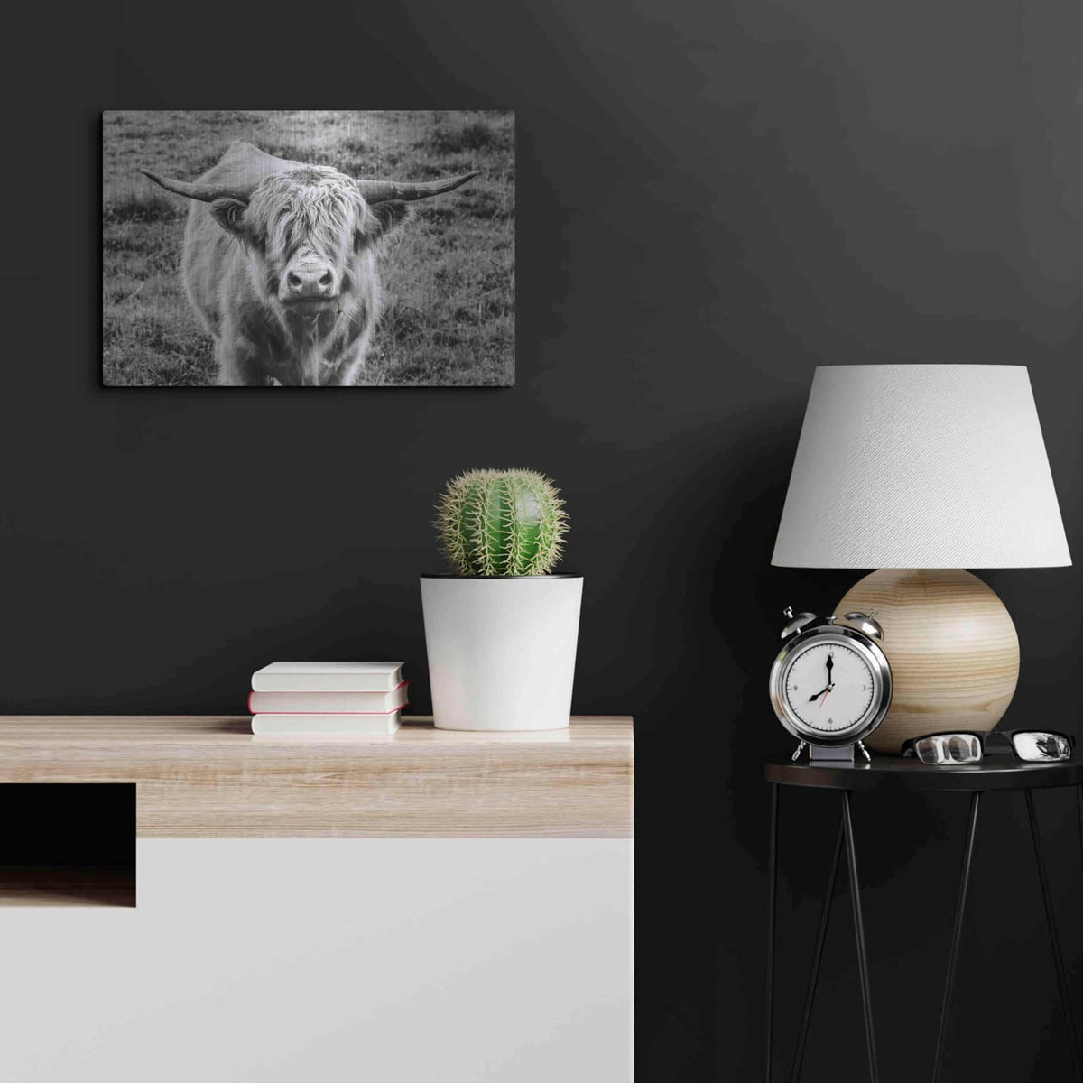 'Highland Cow Staring Contest' by Nathan Larson – Metal Wall Art, 24x16 room view