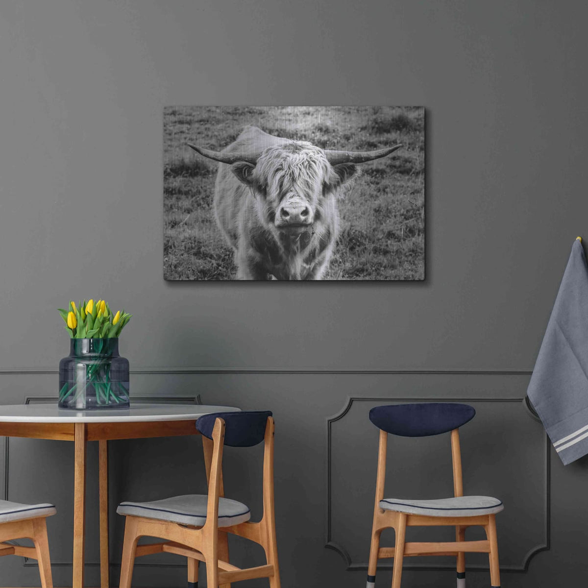 'Highland Cow Staring Contest' by Nathan Larson – Metal Wall Art, 36x24 room view