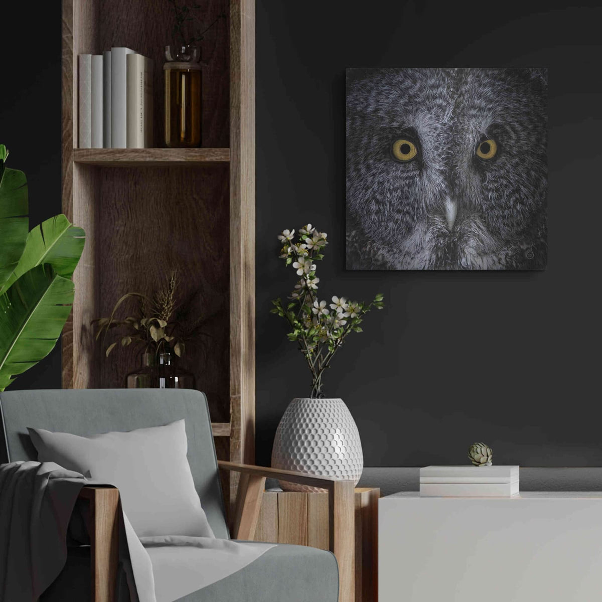 'Great Grey Owl' by Nathan Larson – Metal Wall Art, 24x24 room view