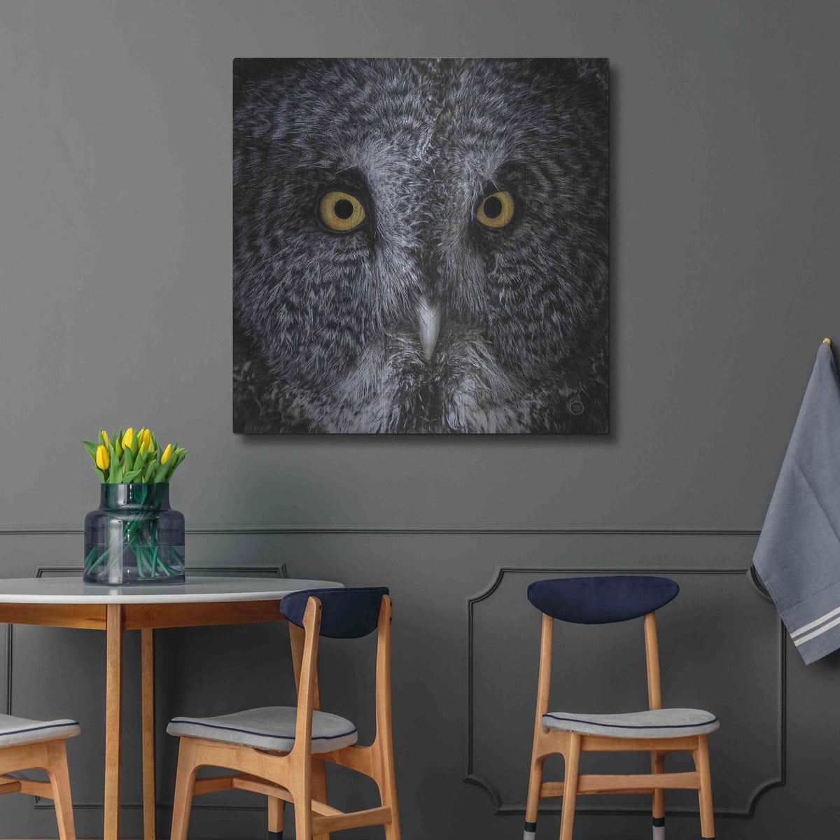 'Great Grey Owl' by Nathan Larson – Metal Wall Art, 36x36 room view