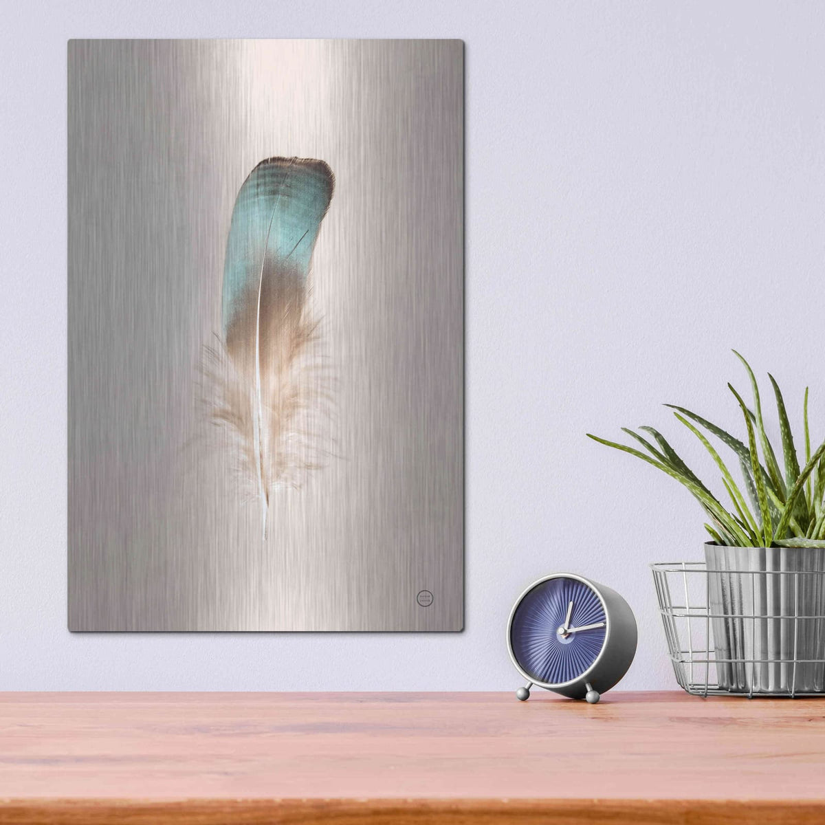 'Floating Feathers IV' by Nathan Larson – Metal Wall Art, 12x16 room view