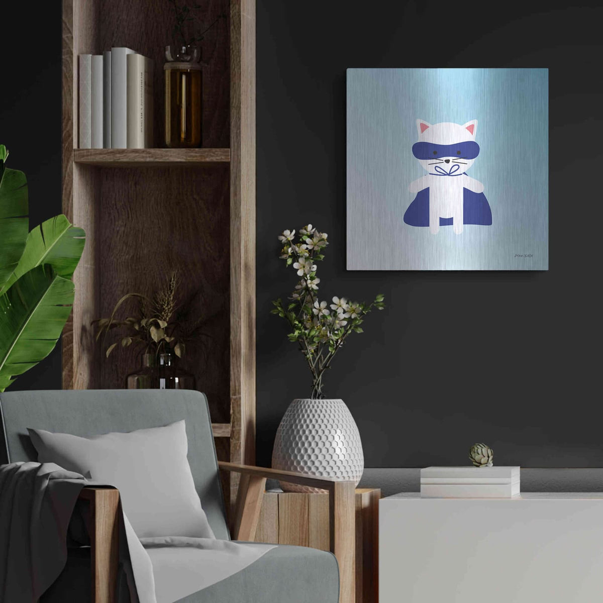 'Cat Super Hero' by Ann Kelle – Metal Wall Art, 24x24 room view